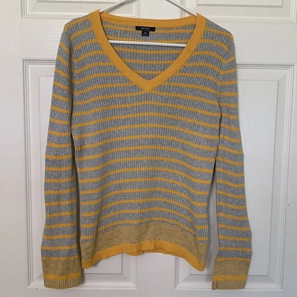 Nautica Women’s Medium Vneck Yellow Gray Striped Sweater Pullover Ribbed - Picture 1 of 5